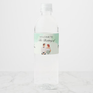 Custom green watercolor flowy wedding water bottle label