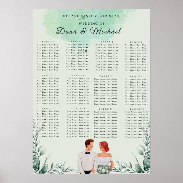 Custom green watercolor wedding seating chart (Front)