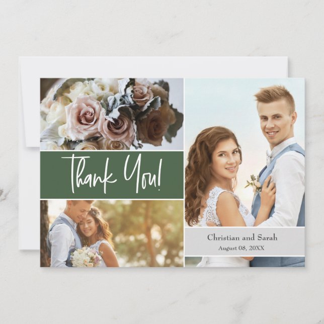 Custom Green Wedding photos Thank you Invitation (Front)