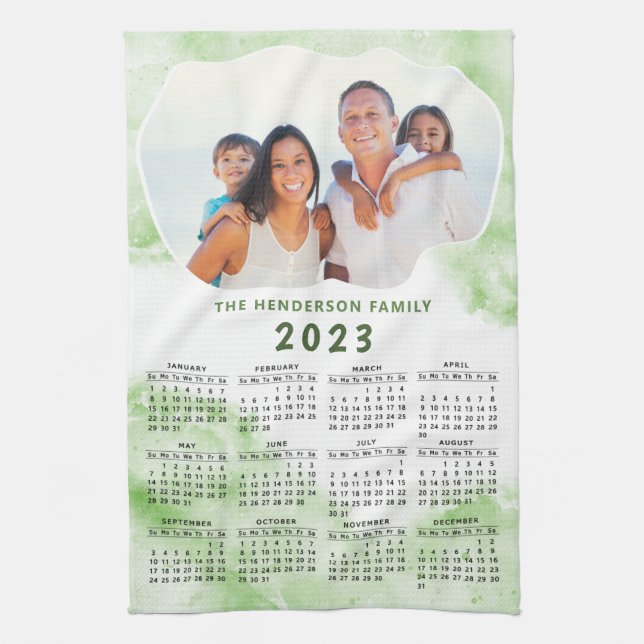 Custom Green White Family Name Photo 2023 Calendar Tea Towel (Vertical)