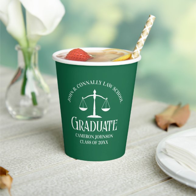 Custom Green White Law School Graduation Party Paper Cups (Insitu)