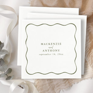 Custom Green & White Wavy Frame Wedding Cocktail Napkin