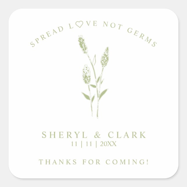 Custom Green Wildflowers Wedding Hand Sanitizer Square Sticker (Front)