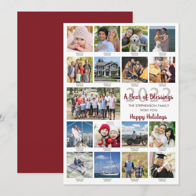 Custom Greeting 17 Photo Collage Captions Holiday Card (Front/Back)