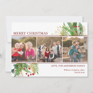 Custom Greeting 3 Photo Merry Christmas Holly Holiday Card