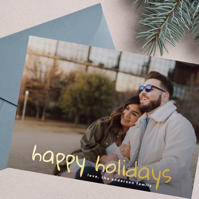 Custom Greeting Gold Family Photo Happy Foil Holiday Card (Creator Uploaded)