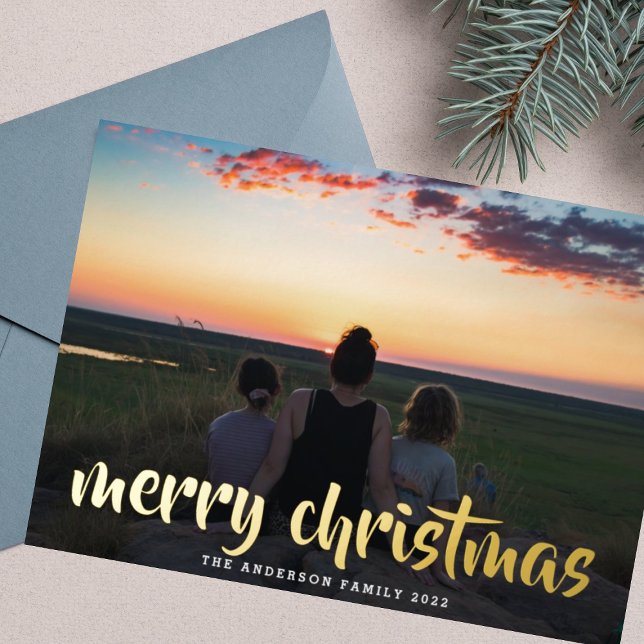 Custom Greeting Gold Merry Christmas Family Photo Foil Holiday Card (Creator Uploaded)