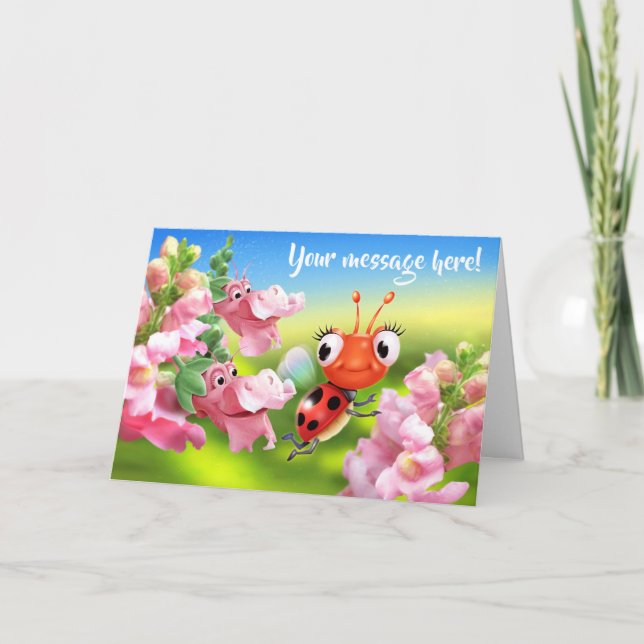 Custom Greetings card Ladybug & friendly flowers (Front)