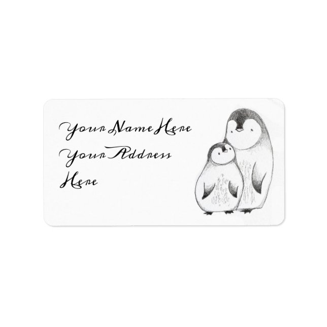 Custom Grey and White Hand Drawn Penguin Address Label (Front)