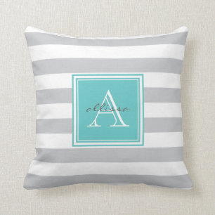 CUSTOM Grey Aqua Monogrammed Awning Stripe Cushion