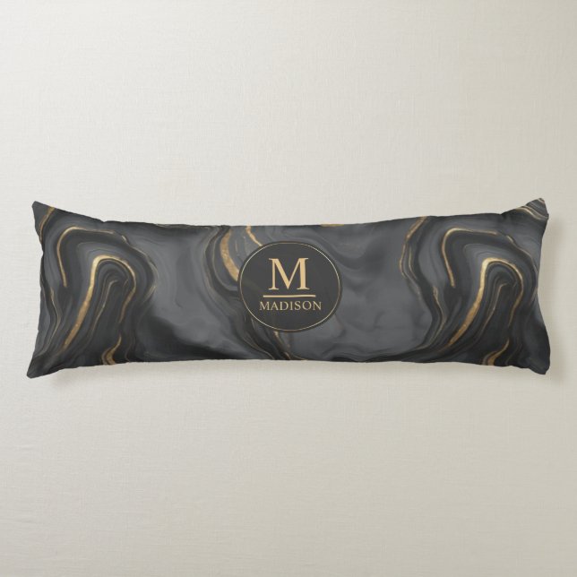 Custom Grey Black and Gold Glitter Marble Pattern  Body Cushion (Front)