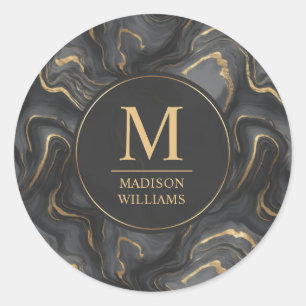 Custom Grey Black and Gold Glitter Marble Pattern Classic Round Sticker
