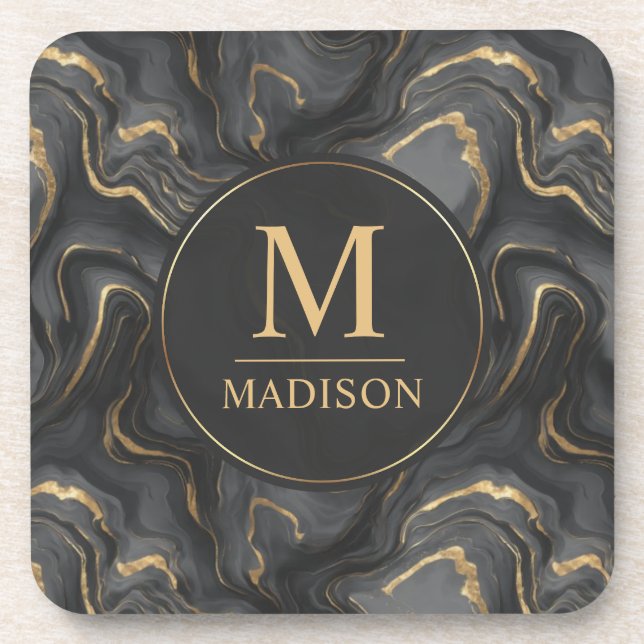 Custom Grey Black and Gold Glitter Marble Pattern  Coaster (Front)