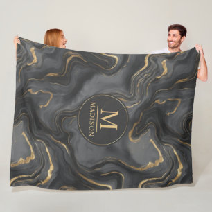 Custom Grey Black and Gold Glitter Marble Pattern Fleece Blanket