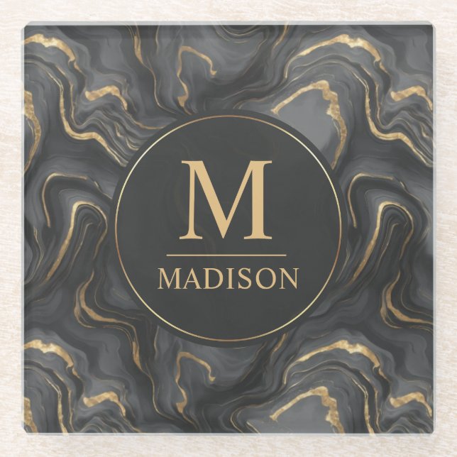 Custom Grey Black and Gold Glitter Marble Pattern  Glass Coaster (Front)