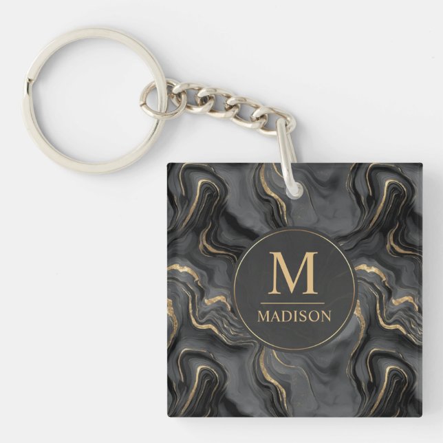 Custom Grey Black and Gold Glitter Marble Pattern Key Ring (Front)