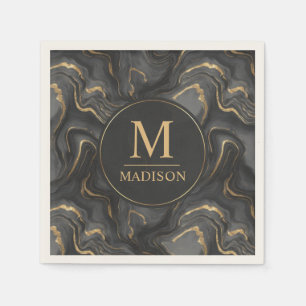 Custom Grey Black and Gold Glitter Marble Pattern Napkin