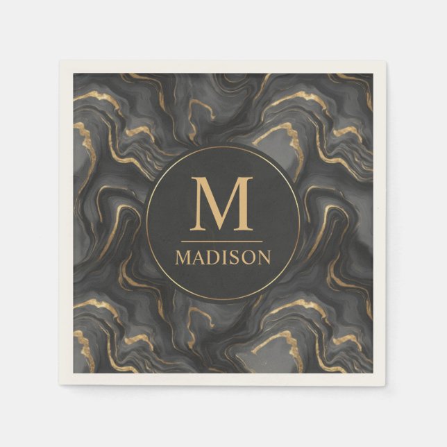 Custom Grey Black and Gold Glitter Marble Pattern  Napkin (Front)