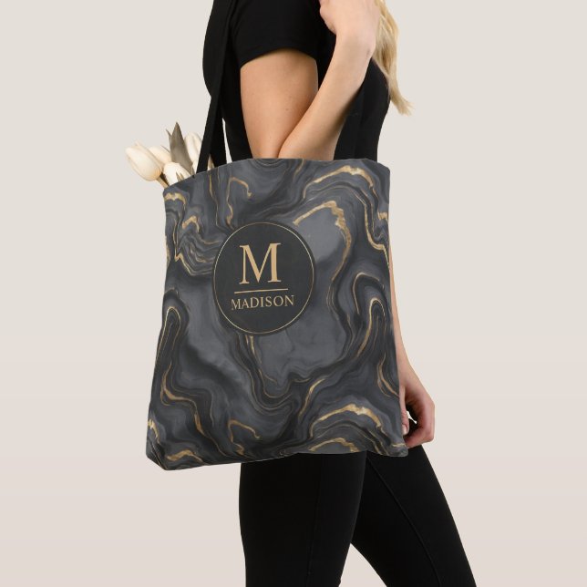 Custom Grey Black and Gold Glitter Marble Pattern  Tote Bag (Close Up)