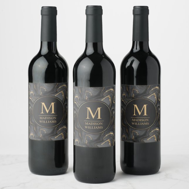 Custom Grey Black and Gold Glitter Marble Pattern  Wine Label (Bottles)