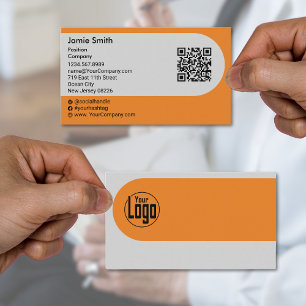 Custom Grey Black Orange QR-code Social Landscape Business Card