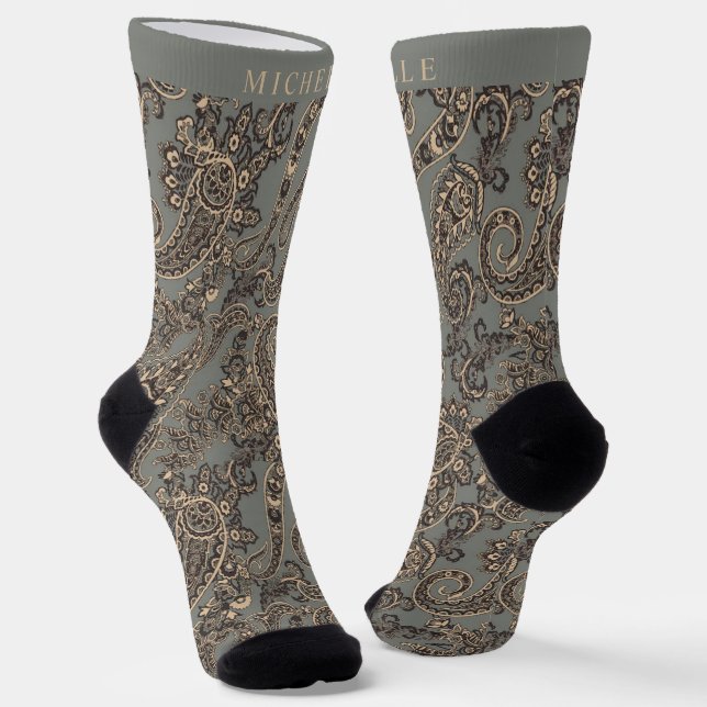 Custom Grey Black Peach Pink Paisley Pattern Socks (Angled)
