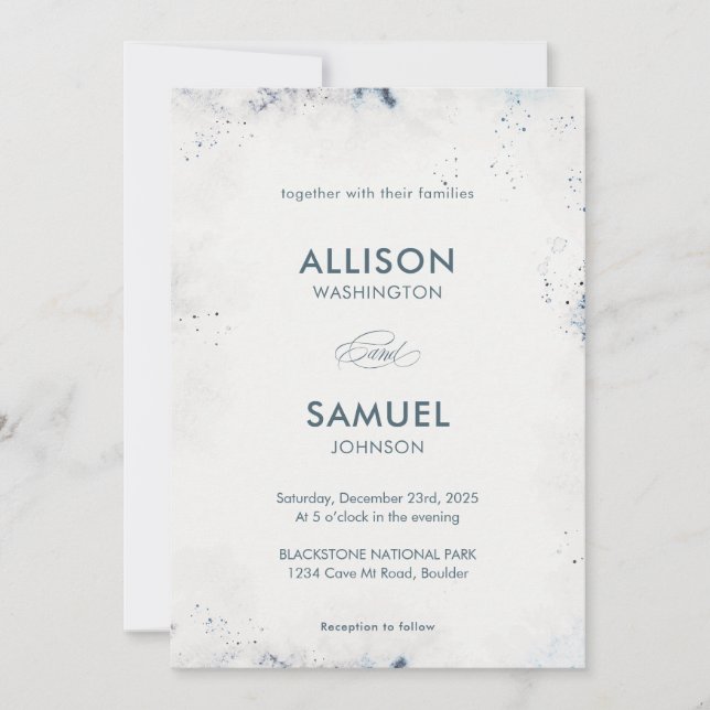 Custom Grey Blue  Ink Splatter Wedding Invitation (Front)