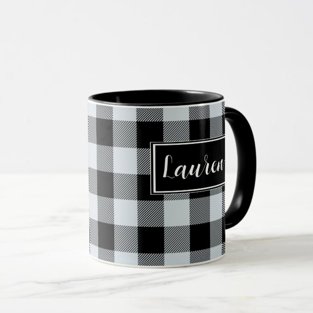 Custom Grey Buffalo Check Plaid Mug (Front Right)