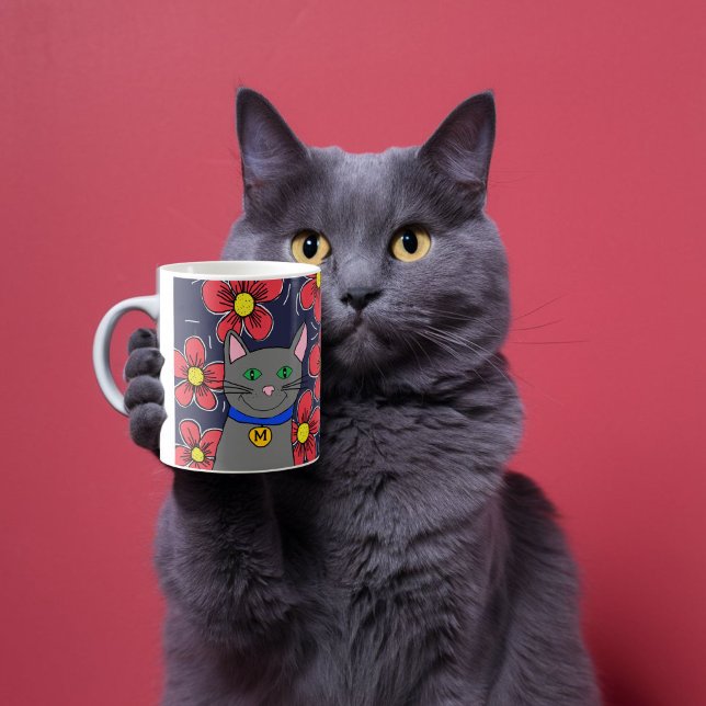 custom grey cat with flowers personalise initial  coffee mug (Creator Uploaded)