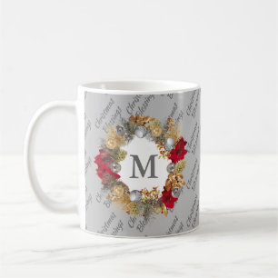 Custom Grey Christmas Wreath Monogram Coffee Mug