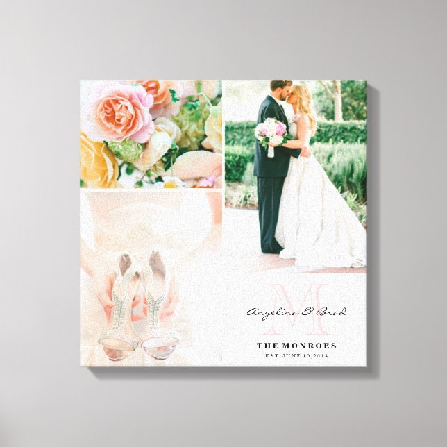 Custom Grey Floral Monogram Wedding Photo Collage Canvas Print (Front)