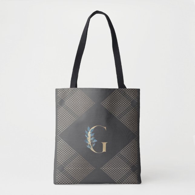 Custom Grey Gold Foil Monogram Botanical Geometric Tote Bag (Front)