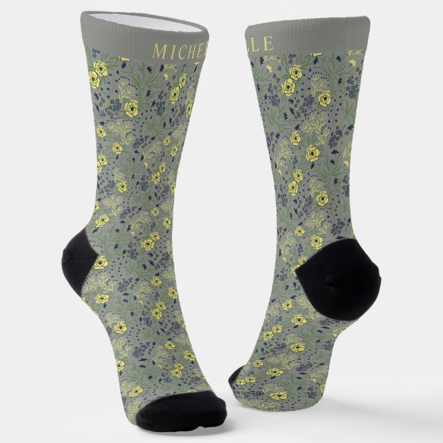 Custom Grey Green Floral Yellow Flowers Socks (Angled)