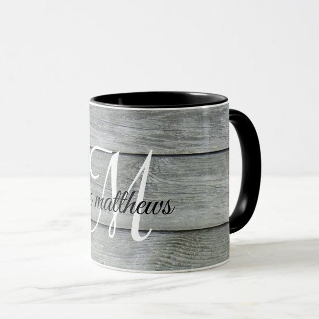 Custom Grey Modern Rustic Farmhouse Style Monogram Mug (Front Right)
