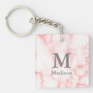 Custom Grey Monogram and Name on Pink Marble Look Key Ring