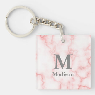 Custom Grey Monogram and Name on Pink Marble Look Key Ring