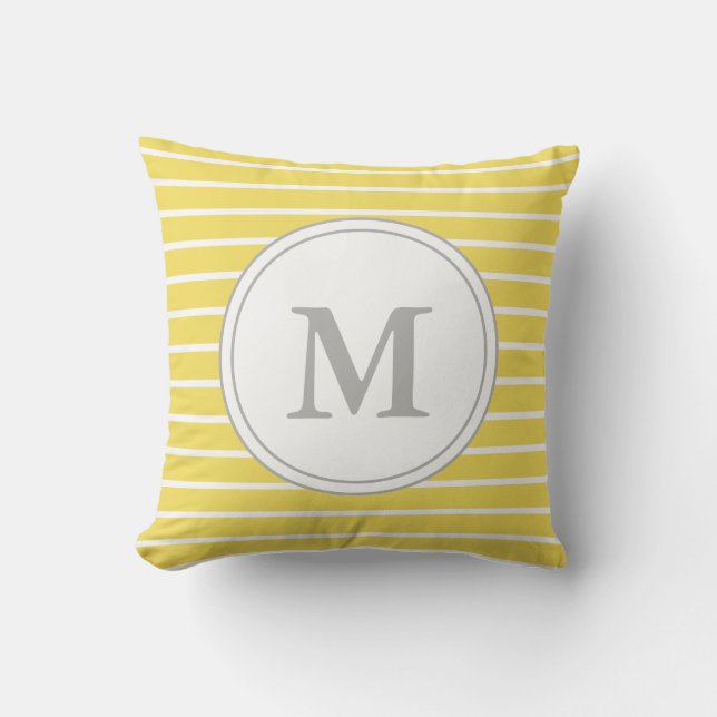 Custom Grey Monogram with Yellow and White Stripes Cushion (Front)