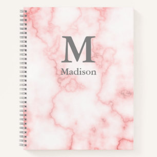 Custom Grey Name and Monogram on Pink Marble Look Notebook