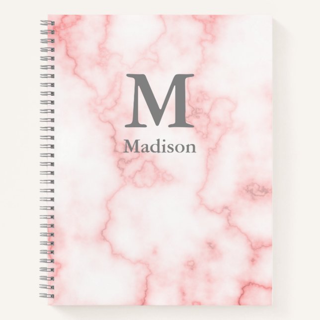 Custom Grey Name and Monogram on Pink Marble Look Notebook (Front)