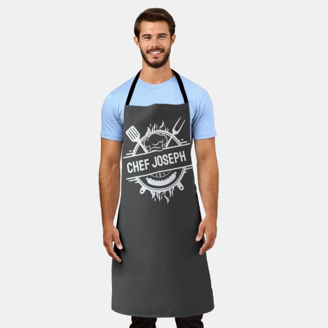 Custom Grey Name Chef Grill Cook Father's Day Gift Apron (Worn)