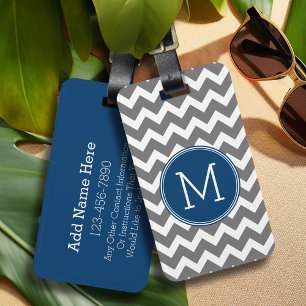 Custom Grey Navy Blue Chevron Pattern Monogram Luggage Tag