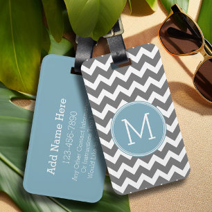Custom Grey Pastel Blue Chevron Pattern Monogram Luggage Tag