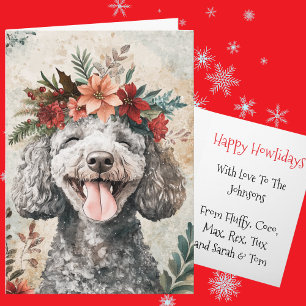 Custom Grey Poodle Christmas Floral Crown Holiday Card
