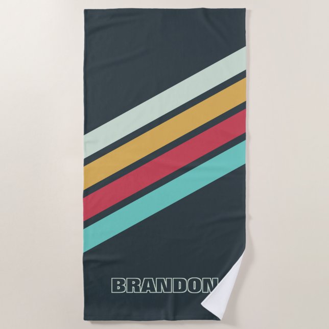 Custom Grey Turquoise Coral Red Yellow Stripes Art Beach Towel (Front)