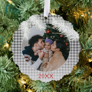 Custom Grey White Plaid Gingham Pattern Tree Decoration Card