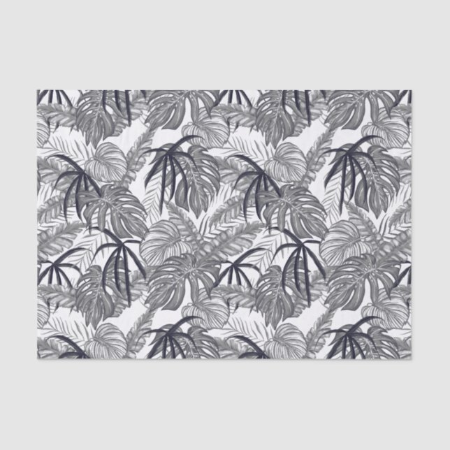 Custom Grey & White Tropical Leaves Tissue Paper (Front)