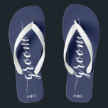 Custom Groom Navy Blue Wedding Party Flip Flops<br><div class="desc">Custom Groom simple navy blue wedding party flip flops with wide straps and customisable text - you can add Groom's name</div>