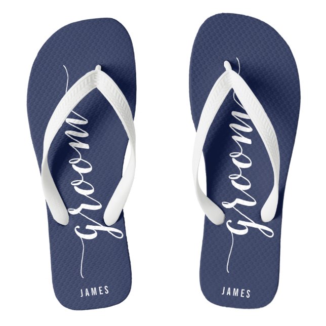Custom Groom Navy Blue Wedding Party Flip Flops (Footbed)
