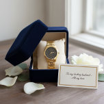 Custom Groom Wedding Gift  Elegant Gold & Charcoal Watch<br><div class="desc">Celebrate the groom with a timeless keepsake he can wear on the wedding day and for years to come. This sophisticated wrist watch features a polished gold-tone stainless steel finish and a modern charcoal grey face. Personalize it with the "GROOM" title and your specific wedding date for a truly unique...</div>