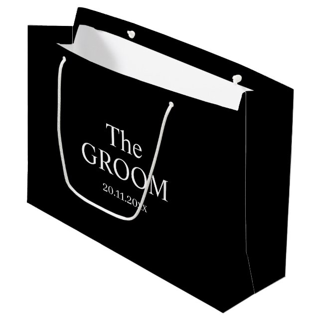 Custom Groom Wedding Simple Classic Black White  Large Gift Bag (Front Angled)